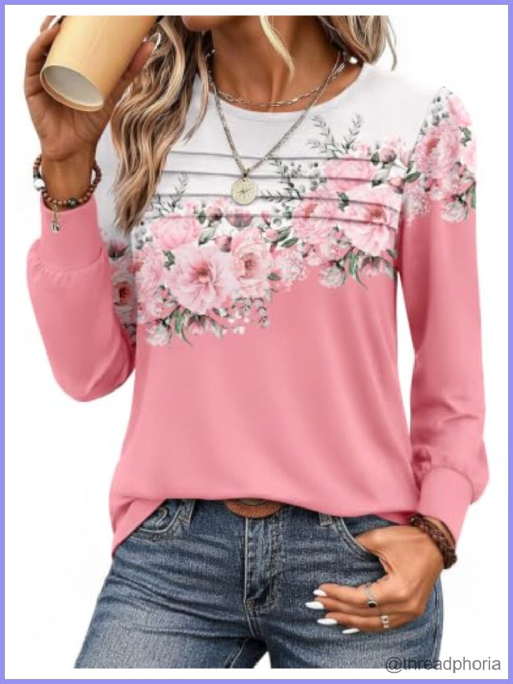 Zeagoo Women's Boho Pleated Tunic Top Long Sleeve Crewneck Floral Blouse